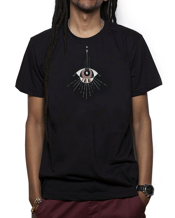Man wearing comfortable Black Unisex T, Poly Cotton blend.  Abstract Eye pattern draping from neckline.